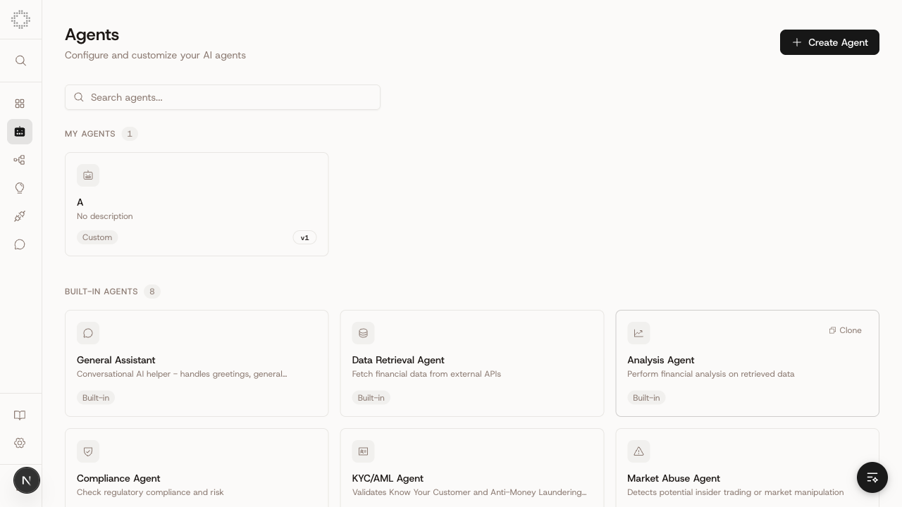 Oniva agent studio with built-in Compliance, KYC/AML, Market Abuse, Analysis and Data Retrieval agents